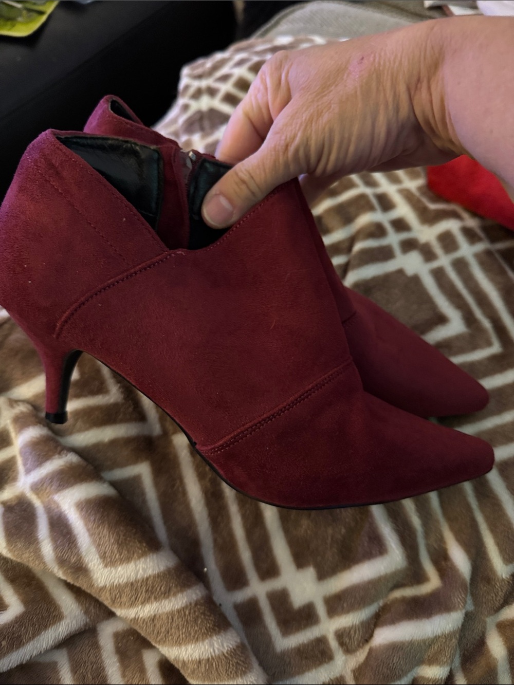 Allegra K Women's Burgundy Suede Pointed Toe Ankle Booties